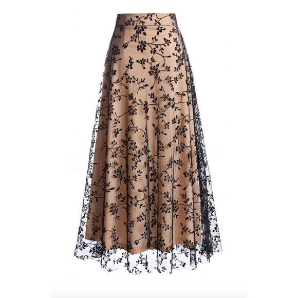 Floral Flocking Tulle Long A-Line Skirt - Picture 5 of 12